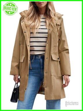 Waterproof Long Rain Jacket Hooded Windbreaker Trench Coat